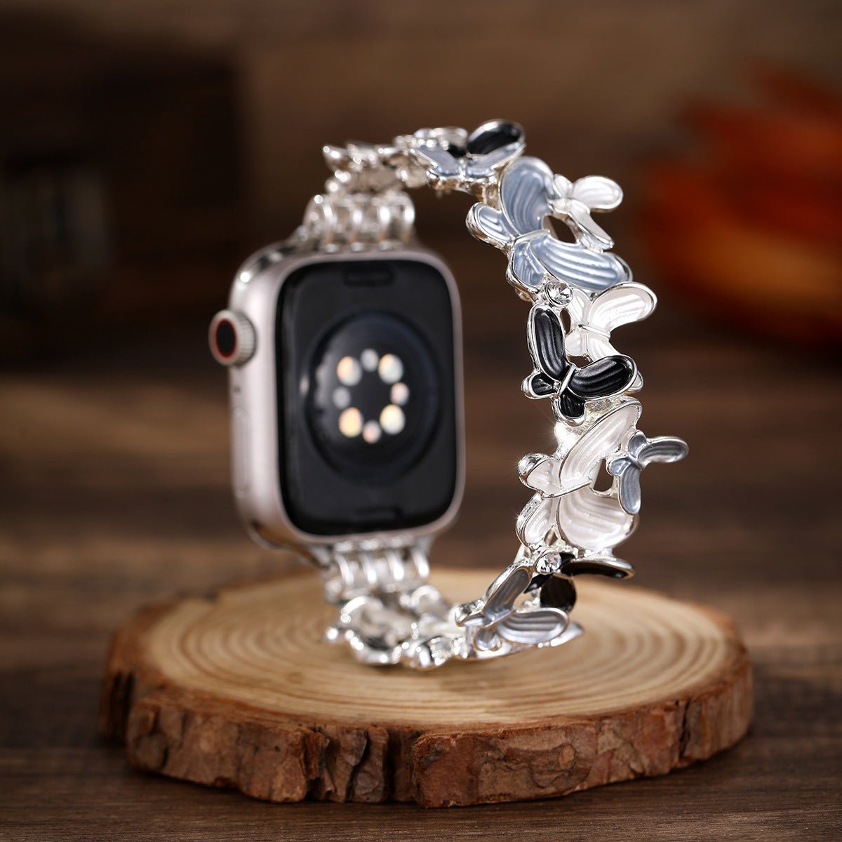 Apple Watch Bracelet with Enameled Butterfly Design, Elastic Links with Rhinestones, Marjorie Model