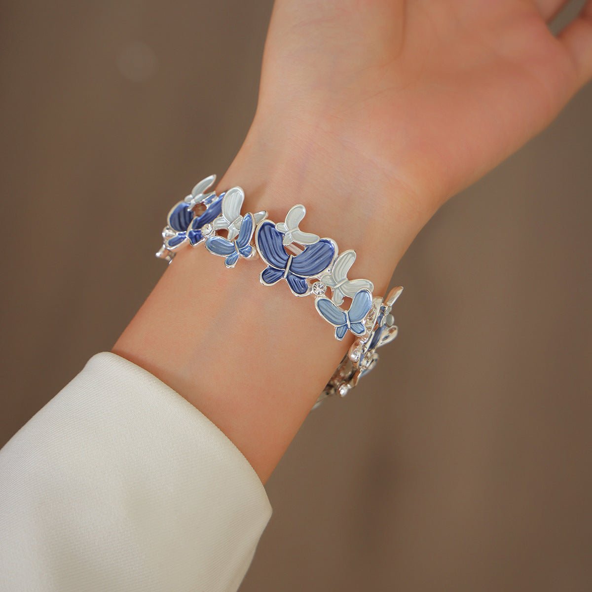 Apple Watch Bracelet with Enameled Butterfly Design, Elastic Links with Rhinestones, Marjorie Model
