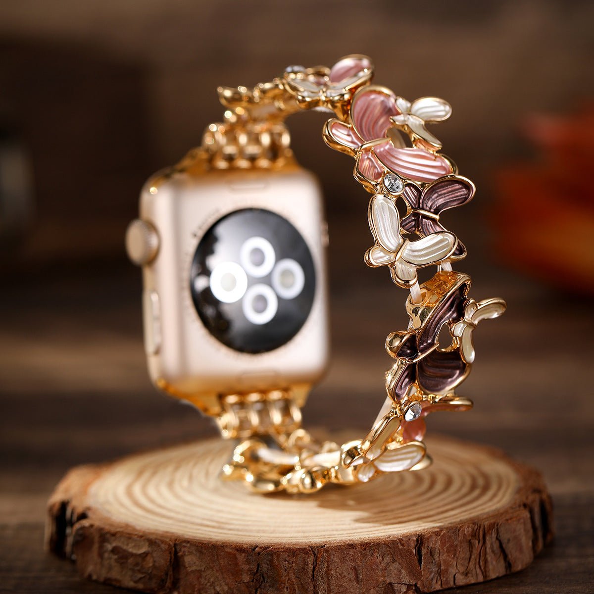 Apple Watch Bracelet with Enameled Butterfly Design, Elastic Links with Rhinestones, Marjorie Model