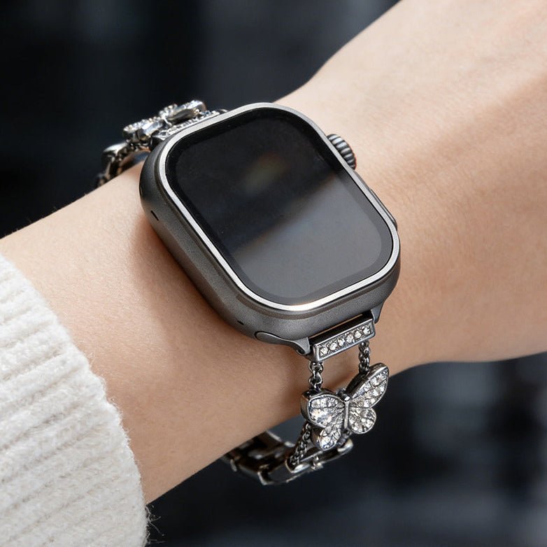 Bracelet Apple Watch papillon zircon, bracelet montre en alliage métallique avec papillon scintillant, modèle Rinoure