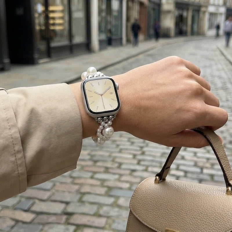 Bracelet Apple Watch perles blanches élastique, bijou élégant, style raffiné et féminin, modèle Perline