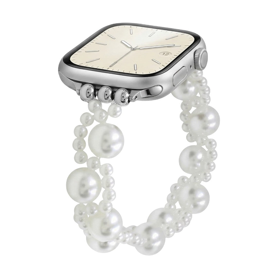 Bracelet Apple Watch perles blanches élastique, bijou élégant, style raffiné et féminin, modèle Perline