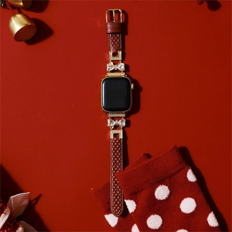 Bracelet Apple Watch, pour femme, chic en cuir, ruban à strass scintillant, modèle Bellita - La Boutique du Bracelet