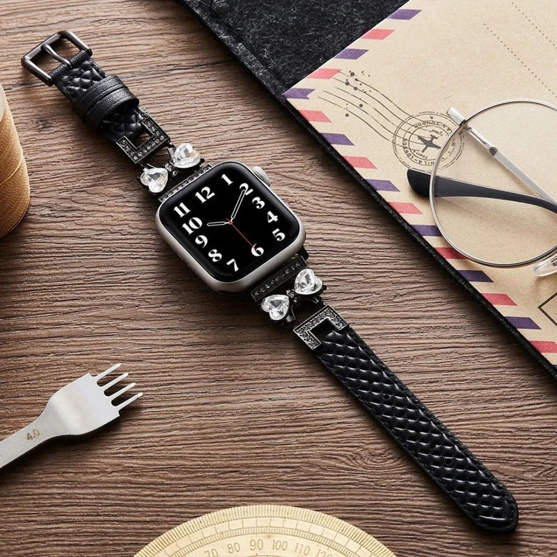 Bracelet Apple Watch, pour femme, chic en cuir, ruban à strass scintillant, modèle Bellita - La Boutique du Bracelet