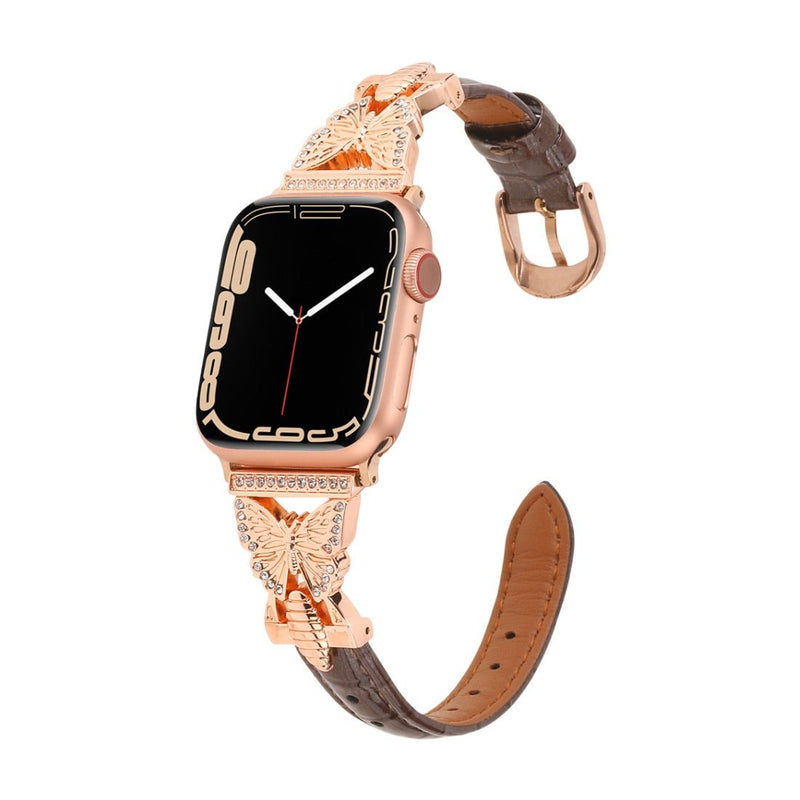 Bracelet Apple Watch, pour femme, cuir et acier inoxydable, papillon moderne, modèle Djibi - La Boutique du Bracelet