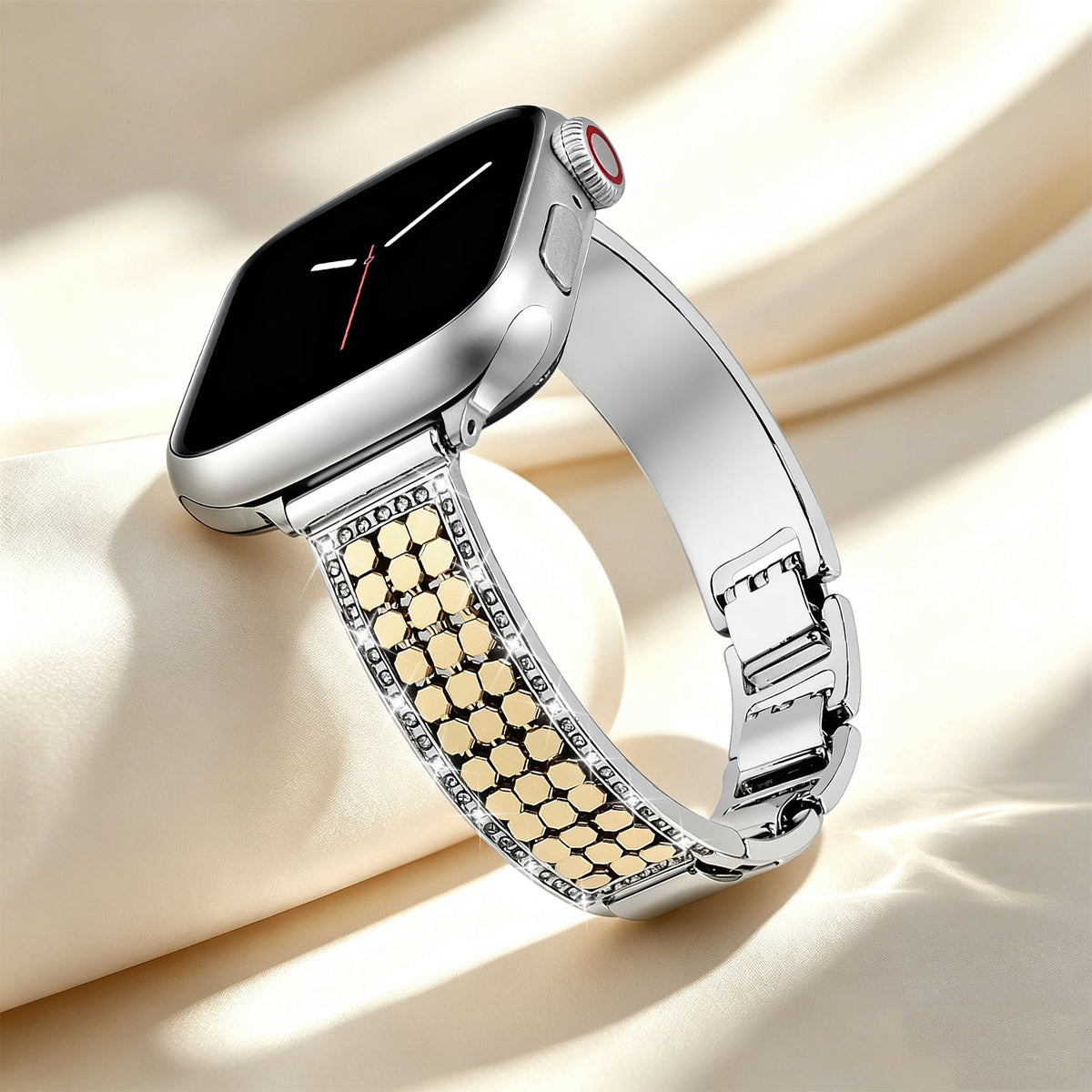 Apple Watch Bracelet for Women, Hexagonal Mesh in Metal Alloy, Shiny Details, Adjustable Clasp, Simia Model