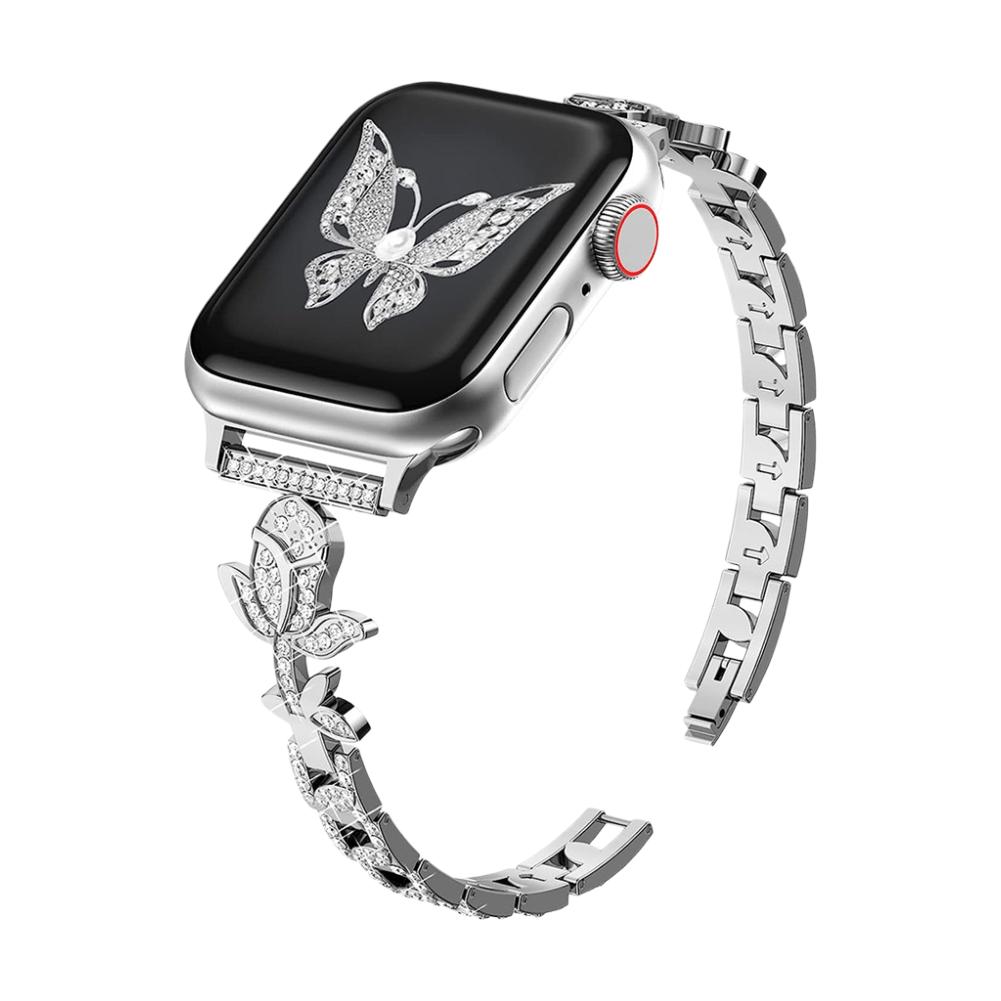 Bracelet Apple Watch motif rose pavé de zircons, maillons ajustables, modèle Billia