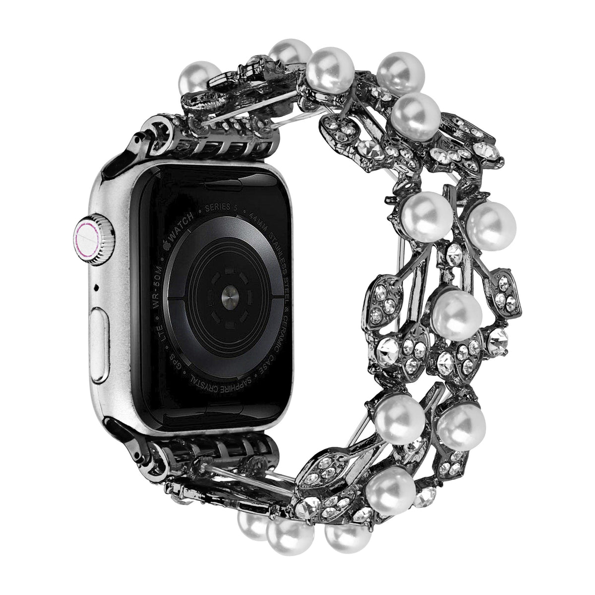 Apple Watch Bracelet with Leaf Pattern, Beads and Rhinestones, Elastic, Terikale Model