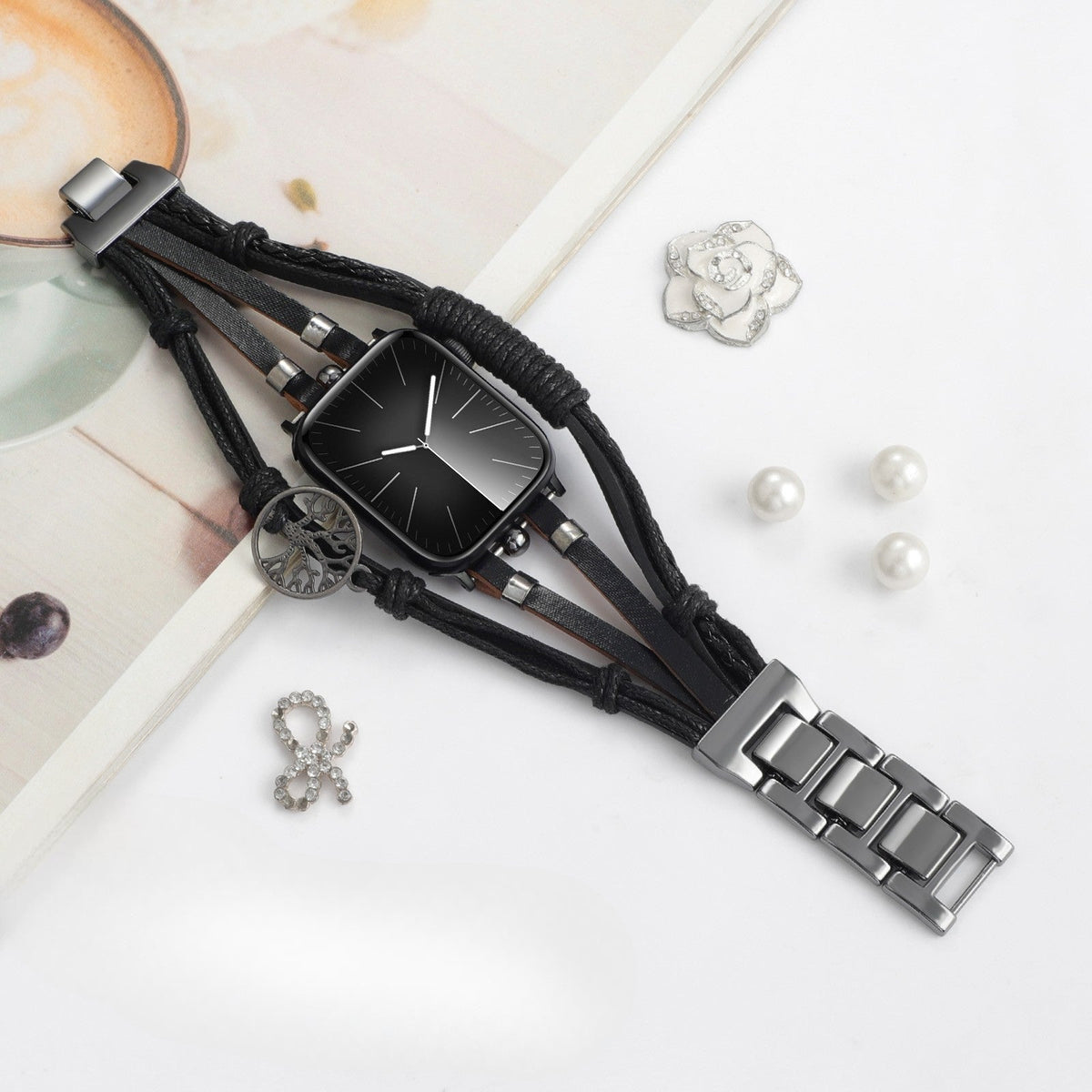 Apple Watch Bracelet for Men, Multi-Strand Leather, Clasp Fastening, Tree of Life Charm, Noctare Model
