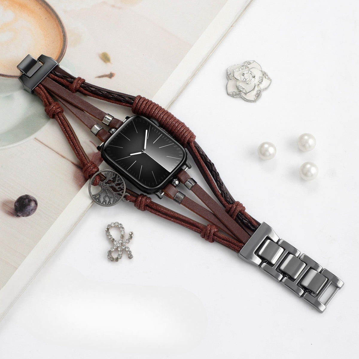 Apple Watch Bracelet for Men, Multi-Strand Leather, Clasp Fastening, Tree of Life Charm, Noctare Model