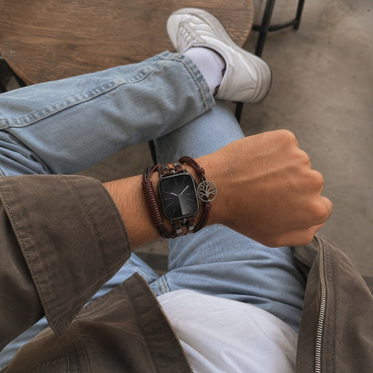 Apple Watch Bracelet for Men, Multi-Strand Leather, Clasp Fastening, Tree of Life Charm, Noctare Model