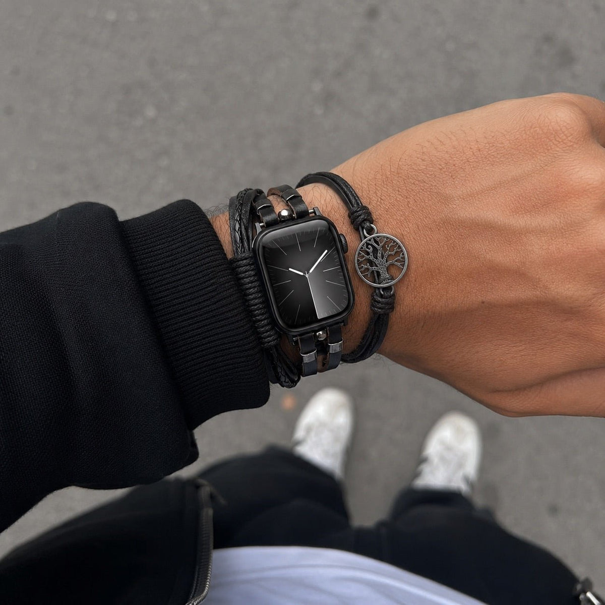 Apple Watch Bracelet for Men, Multi-Strand Leather, Clasp Fastening, Tree of Life Charm, Noctare Model