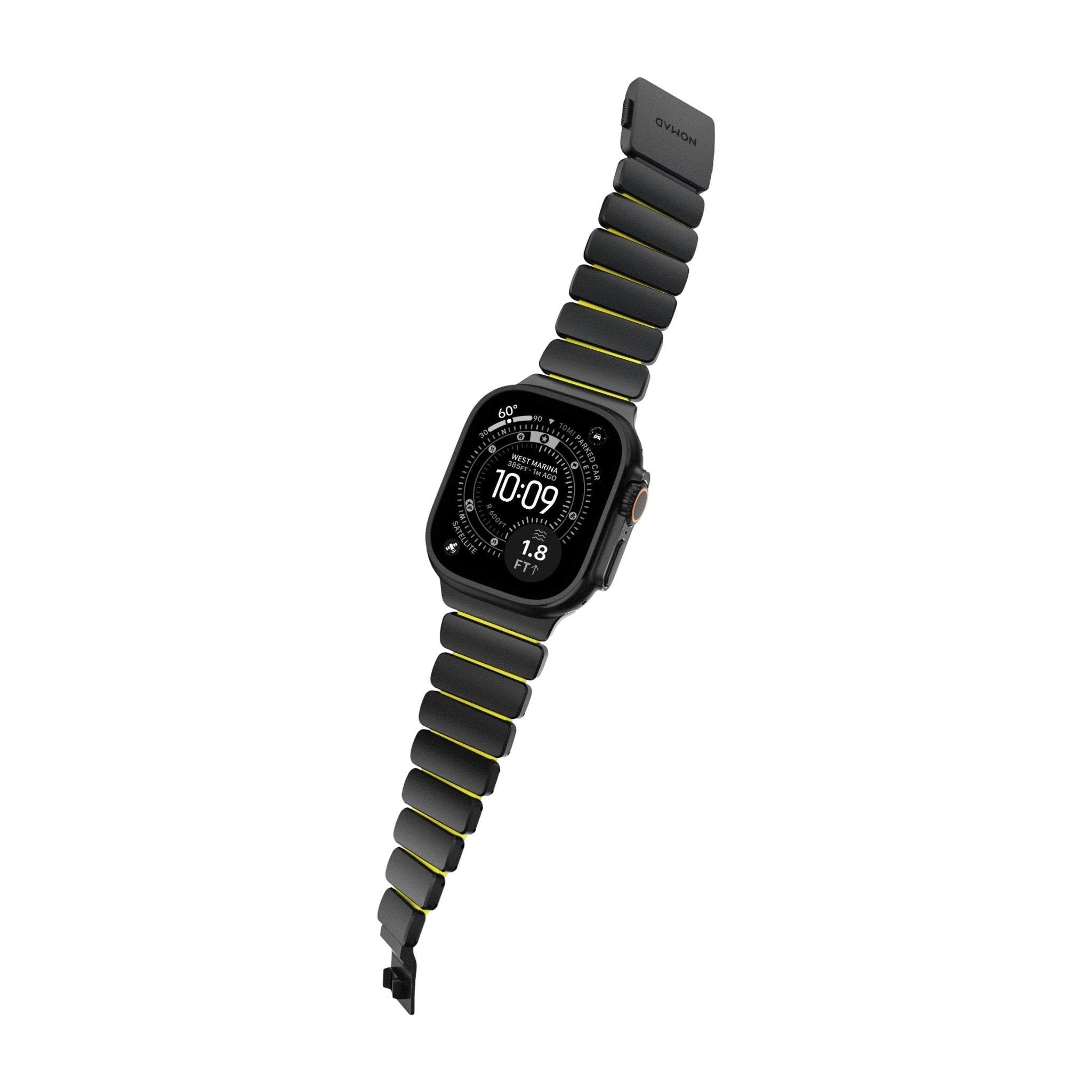 Bracelet Apple Watch Ultra en titane Grade 4 noir avec touches jaunes, design segmenté flexible en FKM.