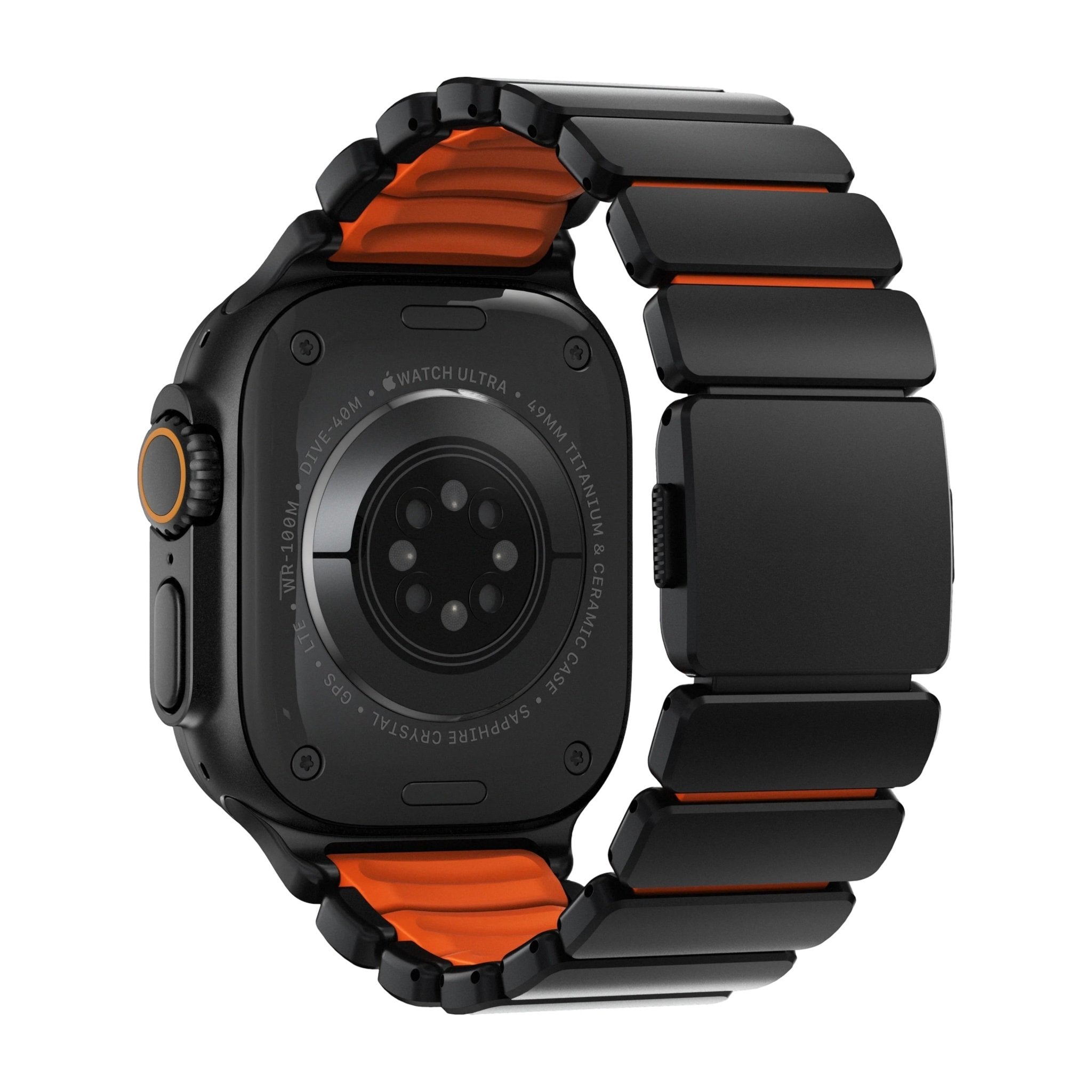 Bracelet noir en titane Grade 4 avec intérieur souple orange en FKM pour Apple Watch Ultra.