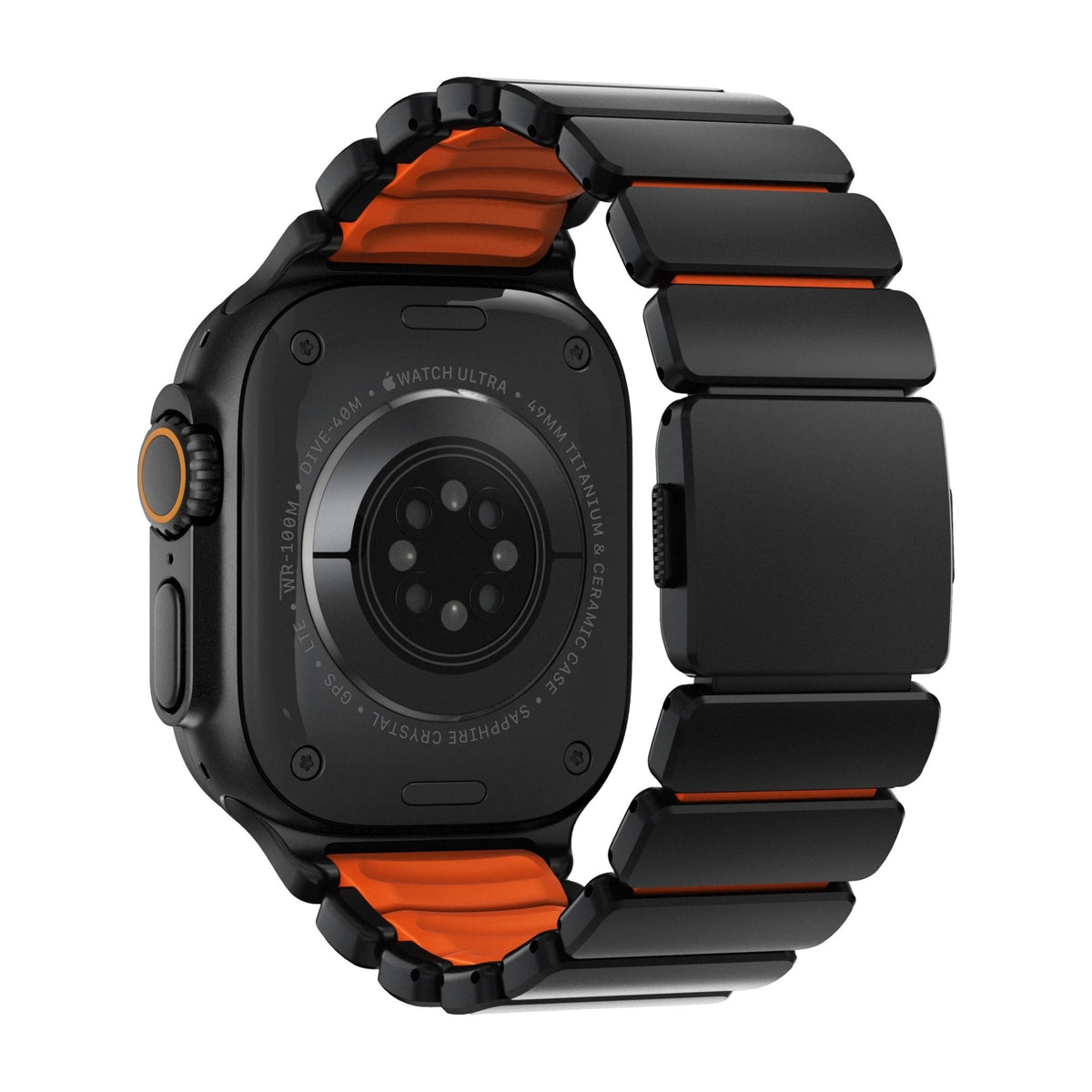 Bracelet noir en titane Grade 4 avec intérieur souple orange en FKM pour Apple Watch Ultra.