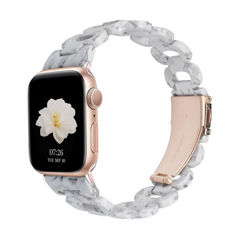 Apple Watch bracelet in tortoiseshell-effect resin, shiny curb chain, steel folding clasp, Wernale model