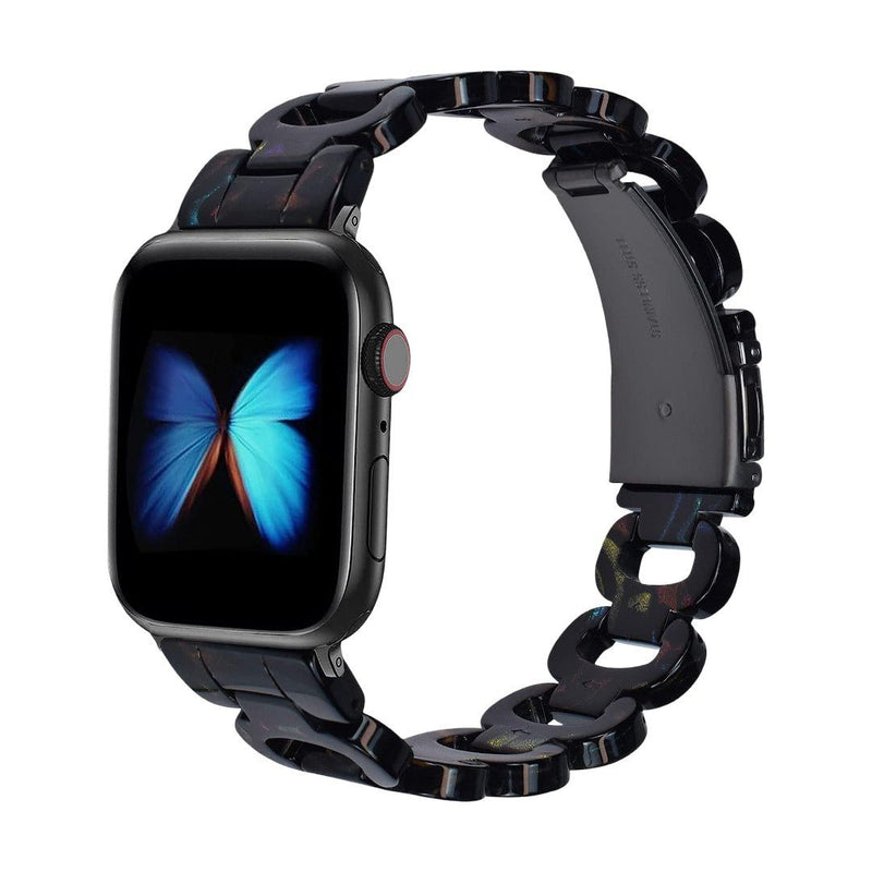 Apple Watch bracelet in tortoiseshell-effect resin, shiny curb chain, steel folding clasp, Wernale model