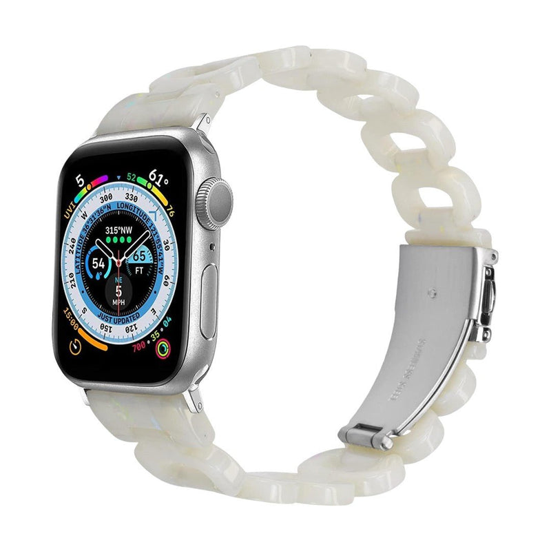 Apple Watch bracelet in tortoiseshell-effect resin, shiny curb chain, steel folding clasp, Wernale model