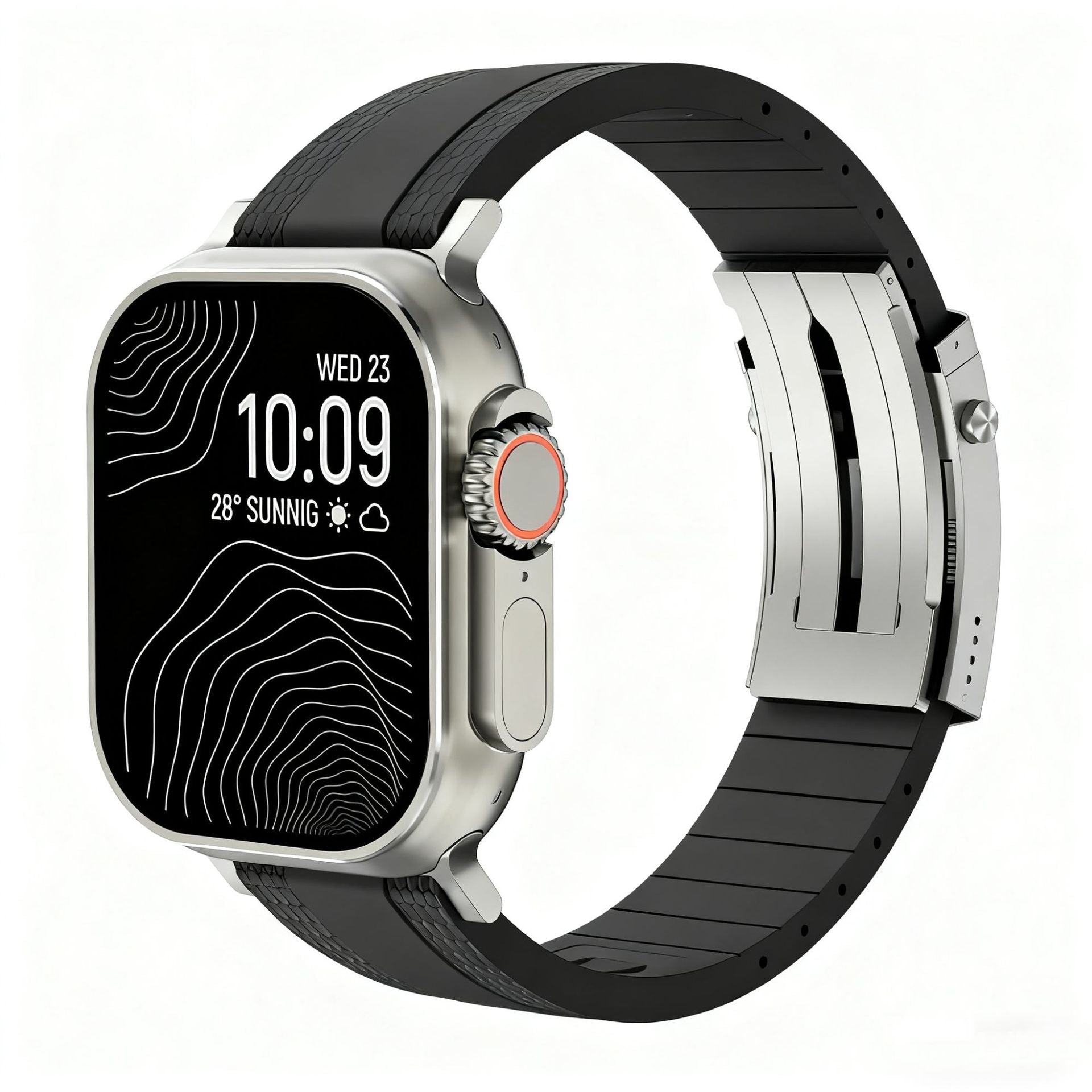 Durable Apple Watch bracelet, textured fluorinated rubber, secure folding clasp, modern and sturdy style, Tékil model