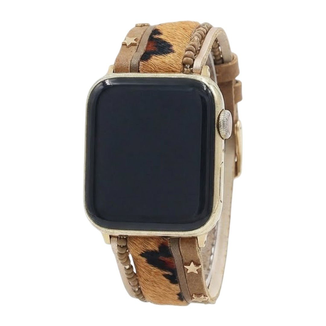 Bracelet Apple Watch léopard en simili vegan avec perles naturelles et fermoir doré.