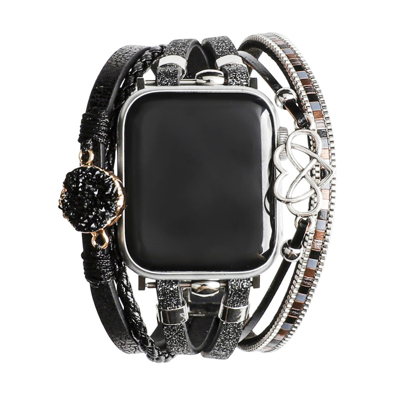 Bracelet Apple Watch simili vegan multi rangs femme, bracelet Apple Watch élégant avec pierre naturelle et breloque cœur-infini, modèle Felicidad