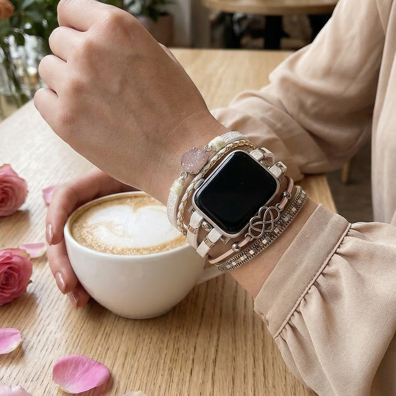 Bracelet Apple Watch simili vegan multi rangs femme, bracelet Apple Watch élégant avec pierre naturelle et breloque cœur-infini, modèle Felicidad