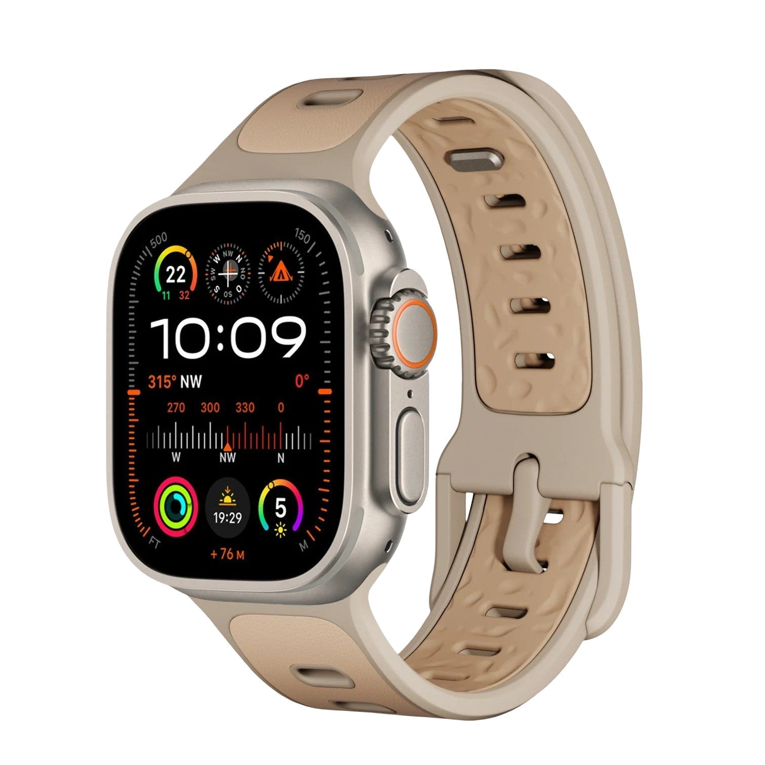 Bracelet hybride beige pour Apple Watch en cuir et fluoroélastomère avec boucle ajustable.