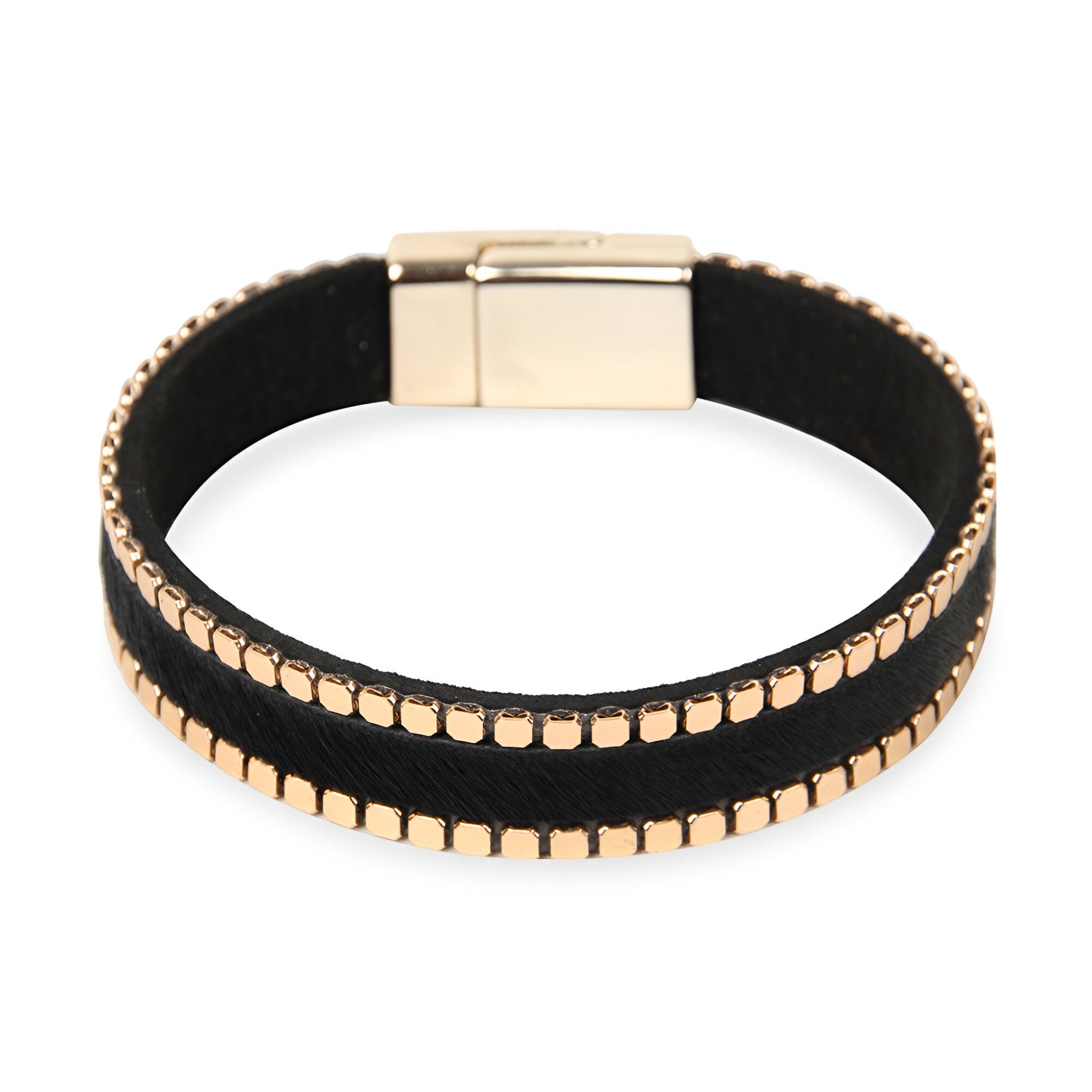 Bracelet femme noir style léopard scintillant avec détails dorés et fermoir magnétique.
