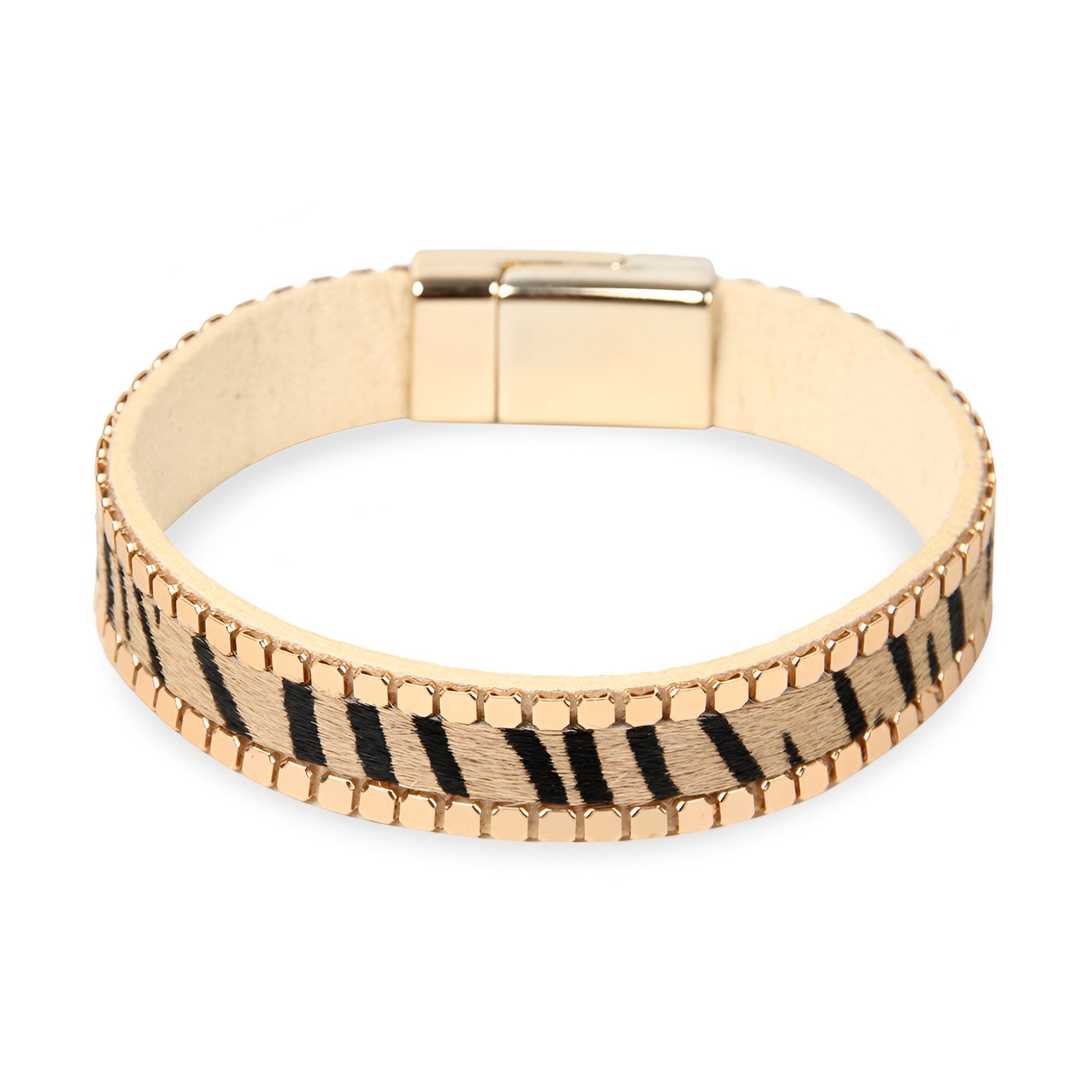 Bracelet beige style léopard scintillant avec fermoir magnétique doré pour femme.