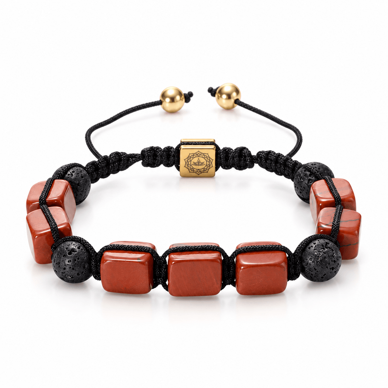 Packshot studio bracelet Solva Jaspe rouge, vue de face sur fond blanc.