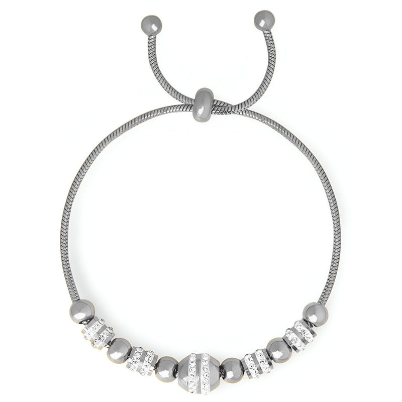 Bracelet femme en perles de titane plaqué argent avec cristaux et fermeture coulissante.
