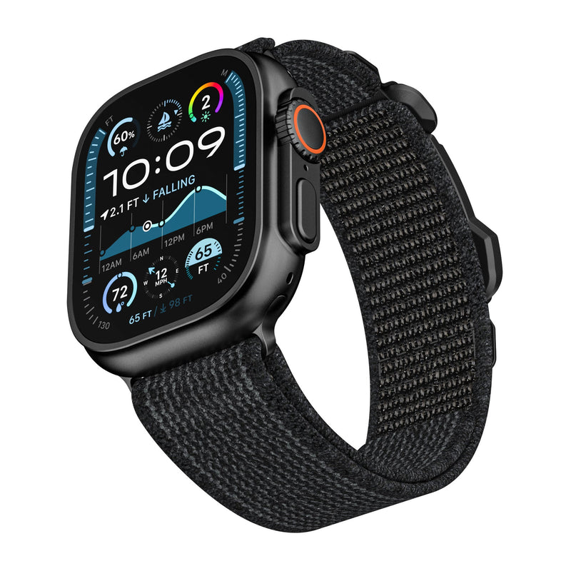 Bracelet boucle tactique Fidlock noir en nylon tissé pour Apple Watch, ajustable et robuste.