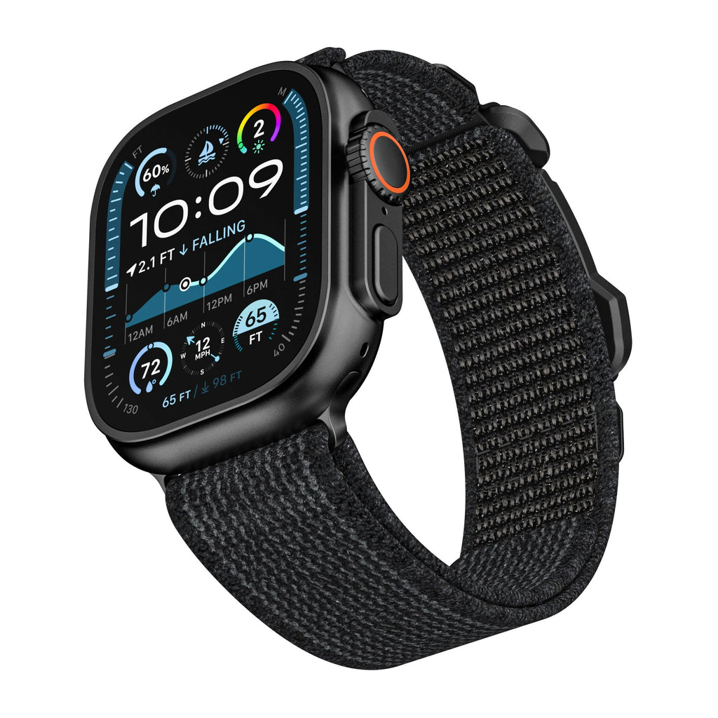 Bracelet boucle tactique Fidlock noir en nylon tissé pour Apple Watch, ajustable et robuste.