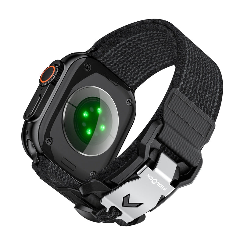 Bracelet Apple Watch noir en nylon avec boucle Fidlock à verrouillage rapide, modèle Herix, ajustable.