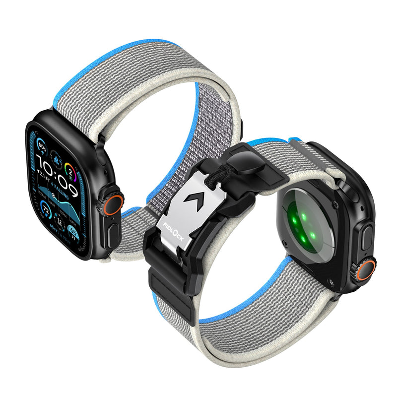 Bracelet nylon gris et bleu avec boucle Fidlock à verrouillage rapide pour Apple Watch.