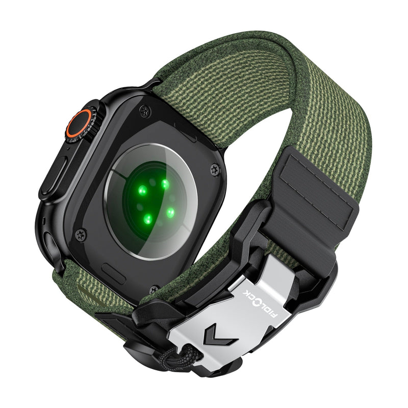 Bracelet boucle tactique Fidlock kaki en nylon ajustable pour Apple Watch, modèle Herix, fermeture rapide.