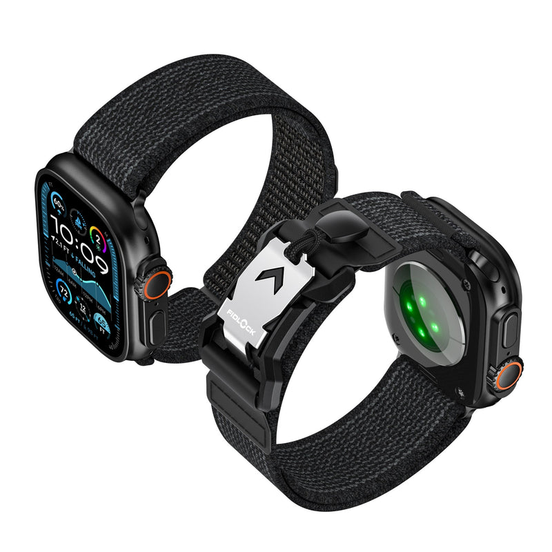 Bracelet nylon noir ajustable avec boucle Fidlock à verrouillage rapide pour Apple Watch.