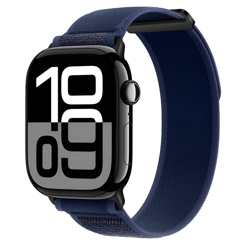 Bracelet Apple Watch Trail Edition en nylon bleu foncé avec fermeture velcro noire, modèle Elios.