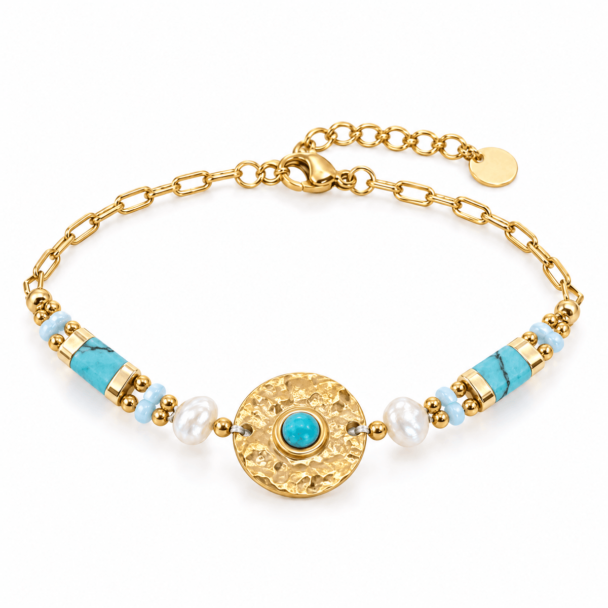 Bracelet Anije Turquoise posé de face sur fond blanc