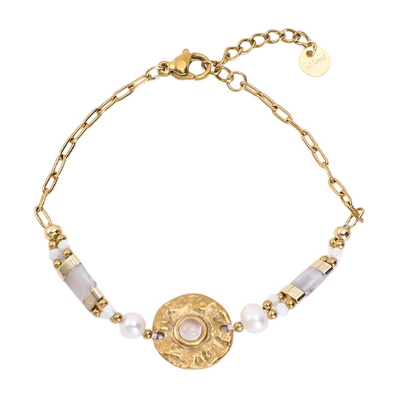 Bracelet chaîne acier inoxydable, médaillon martelé, pierres naturelles, perles délicates, bijou doré ajustable, modèle Anije
