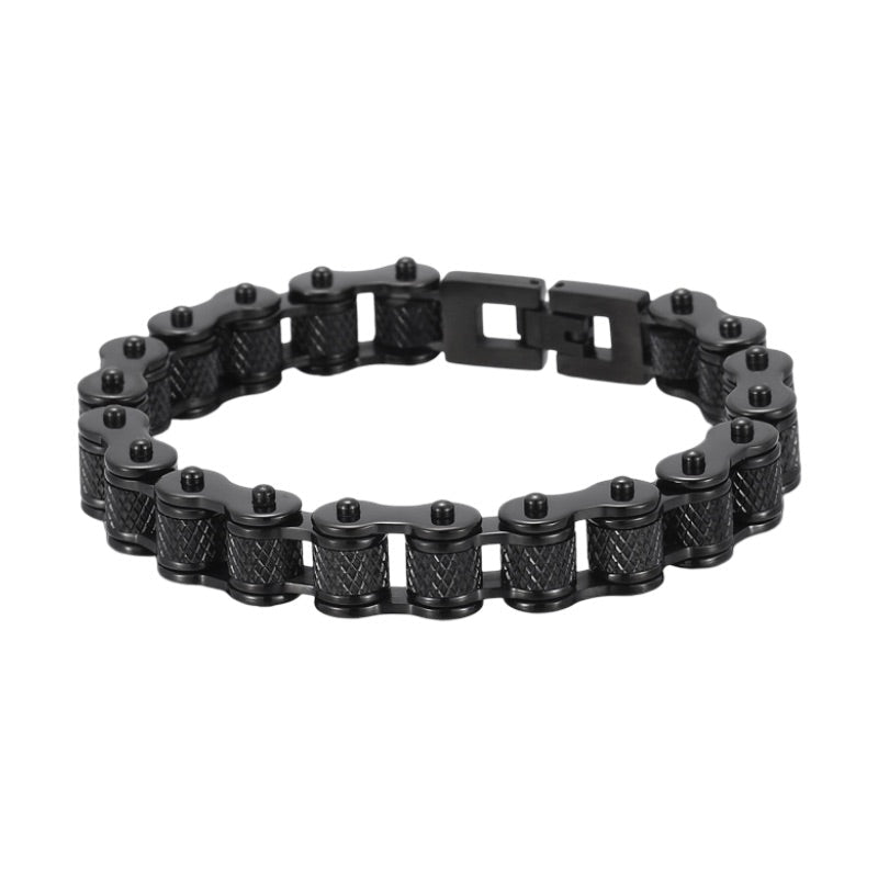 Motorcycle Chain Bracelet in Stainless Steel, Knurled Articulated Links, Black Finish, Aubin Model
