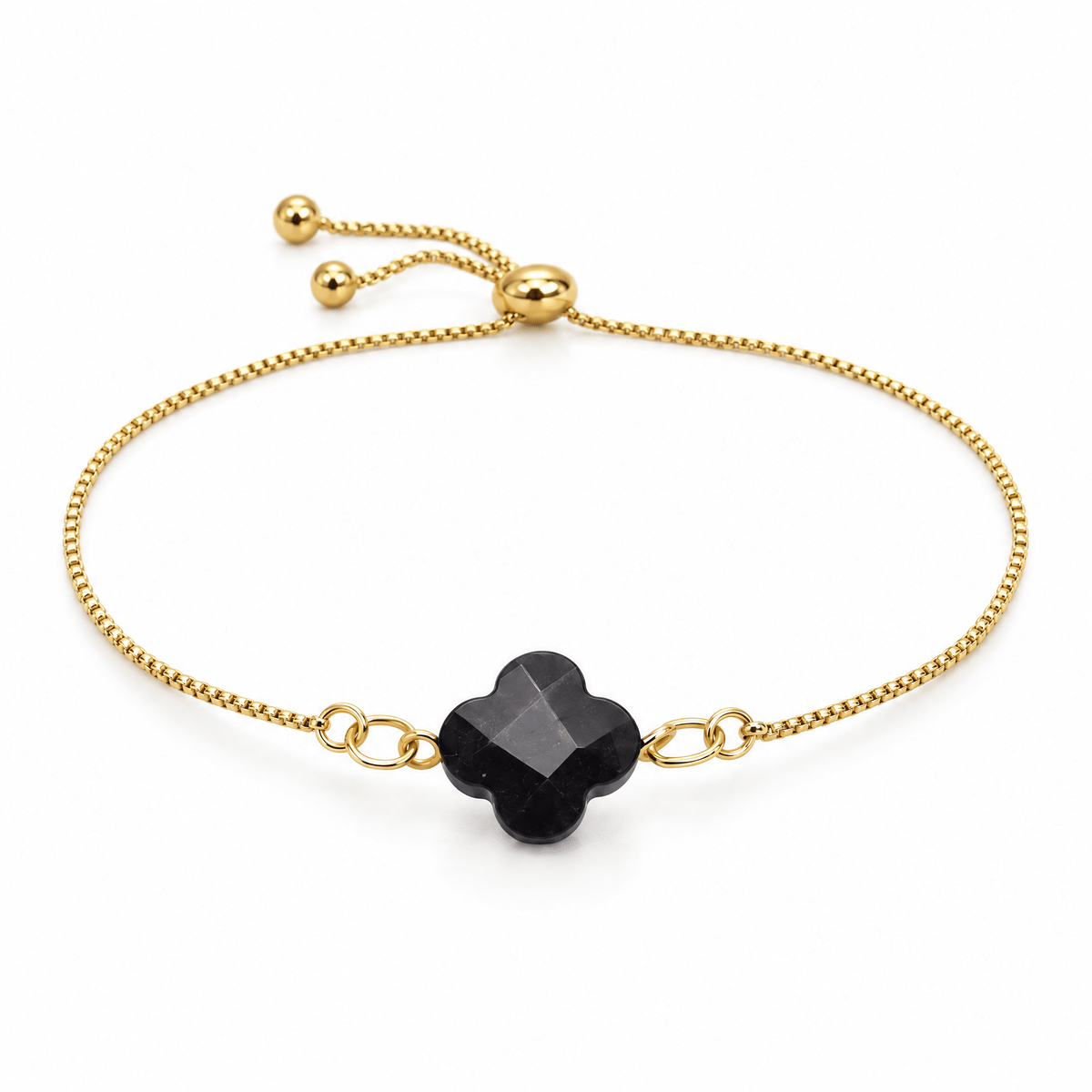 Packshot studio bracelet Bracelet chaîne vénitienne dorée, pierre naturelle taillée en trèfle, pour femme, modèle Beldia — Obsidienne, vue frontale basse, fond blanc pur, détails verrouillés
