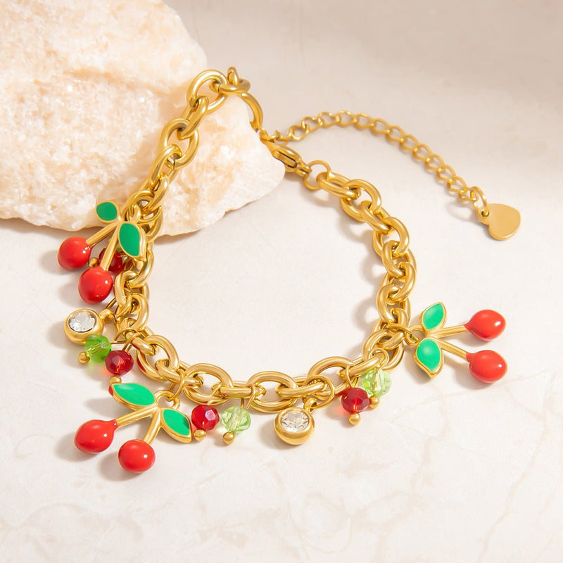 Bracelet charms, en acier inoxydable, cerises et zircons, pour femme, modèle Céria - La Boutique du Bracelet