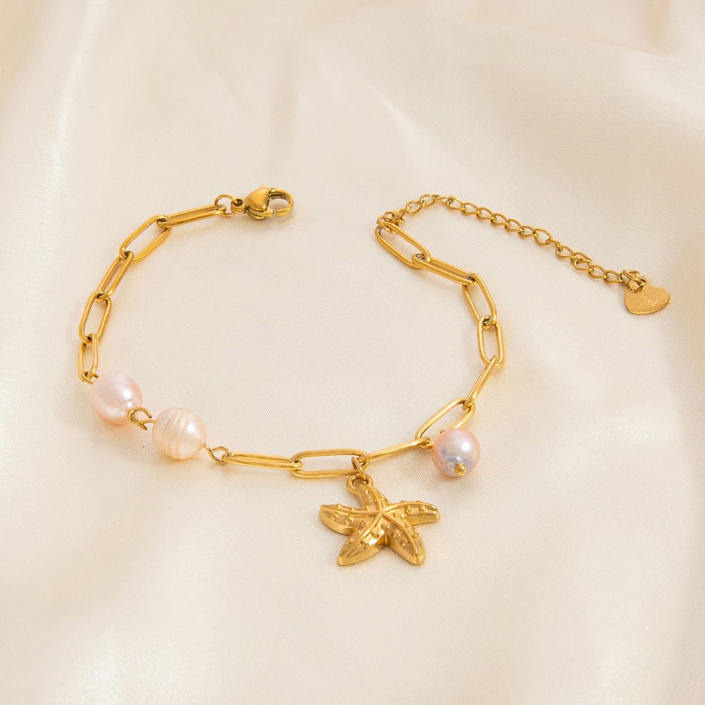 Bracelet charms, en acier inoxydable, étoile de mer et perles d'eau douce, pour femme, modèle Beyla - La Boutique du Bracelet