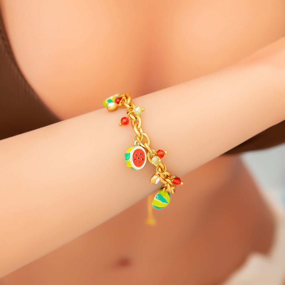 Bracelet charms, en acier inoxydable, pastèques et zircons, pour femme, modèle Pania - La Boutique du Bracelet