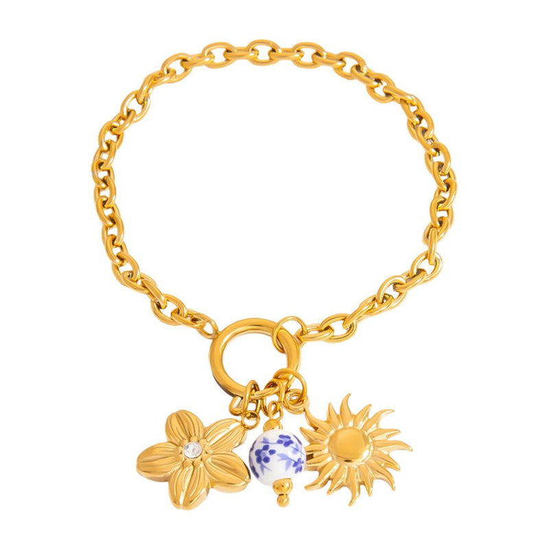 Bracelet charms florals, en acier inoxydable, fleur et soleil, pour femme, modèle Inime - La Boutique du Bracelet