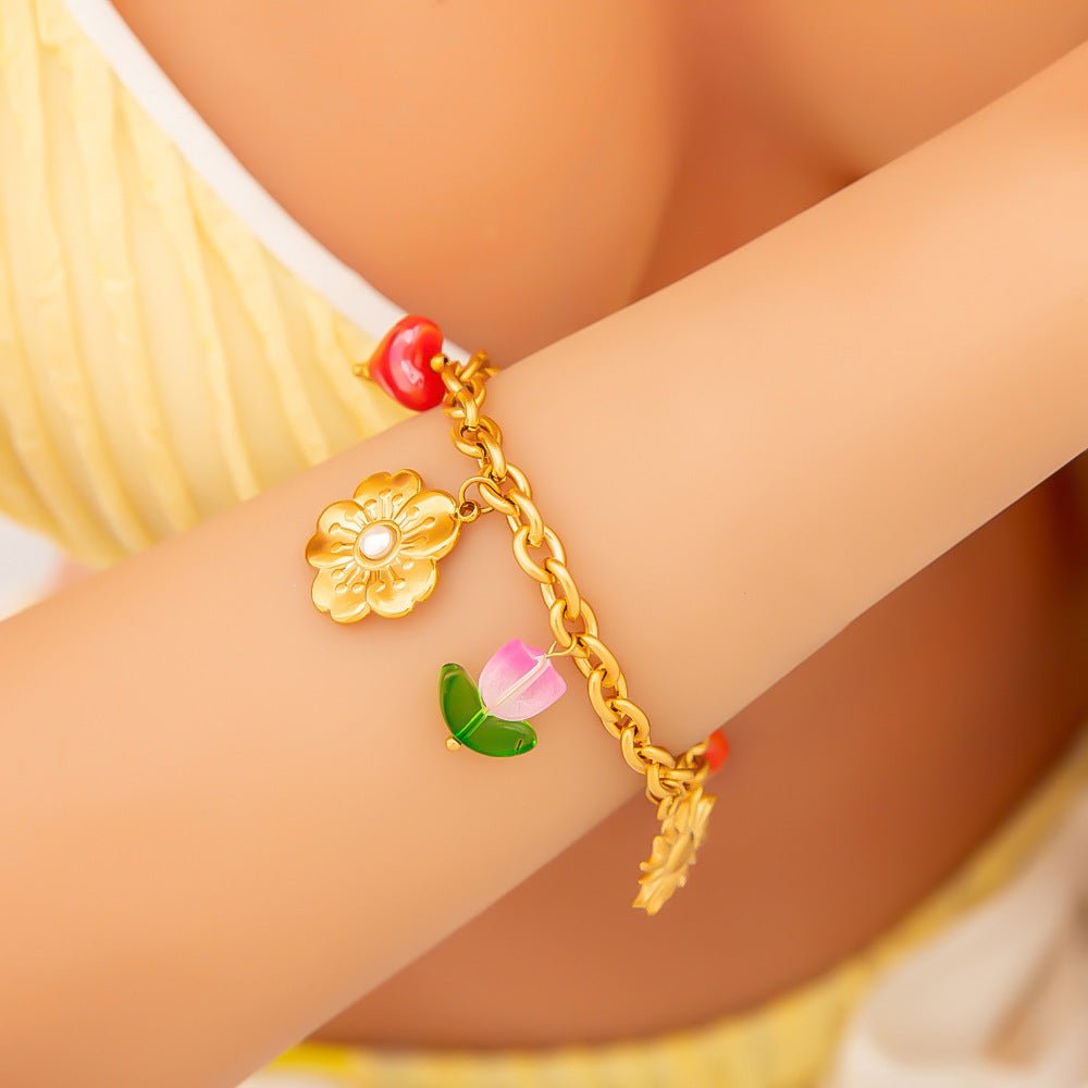 Bracelet charms florals, en acier inoxydable, fleurs et cœurs, pour femme, modèle Linate - La Boutique du Bracelet