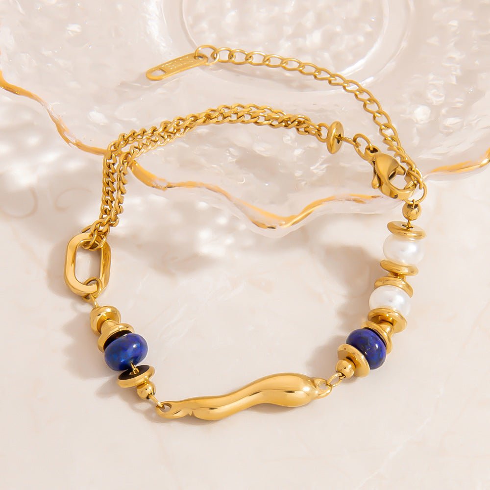 Bracelet chic tendance, en acier inoxydable, perles d'eau douce et lapis, pour femme, modèle Ikla - La Boutique du Bracelet