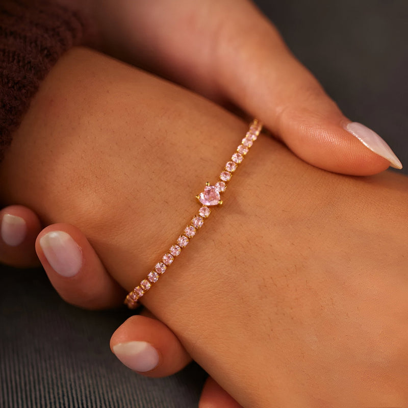 Pulsera corazón rosado con circonitas, en plata de ley, para mujer, modelo Eulalia