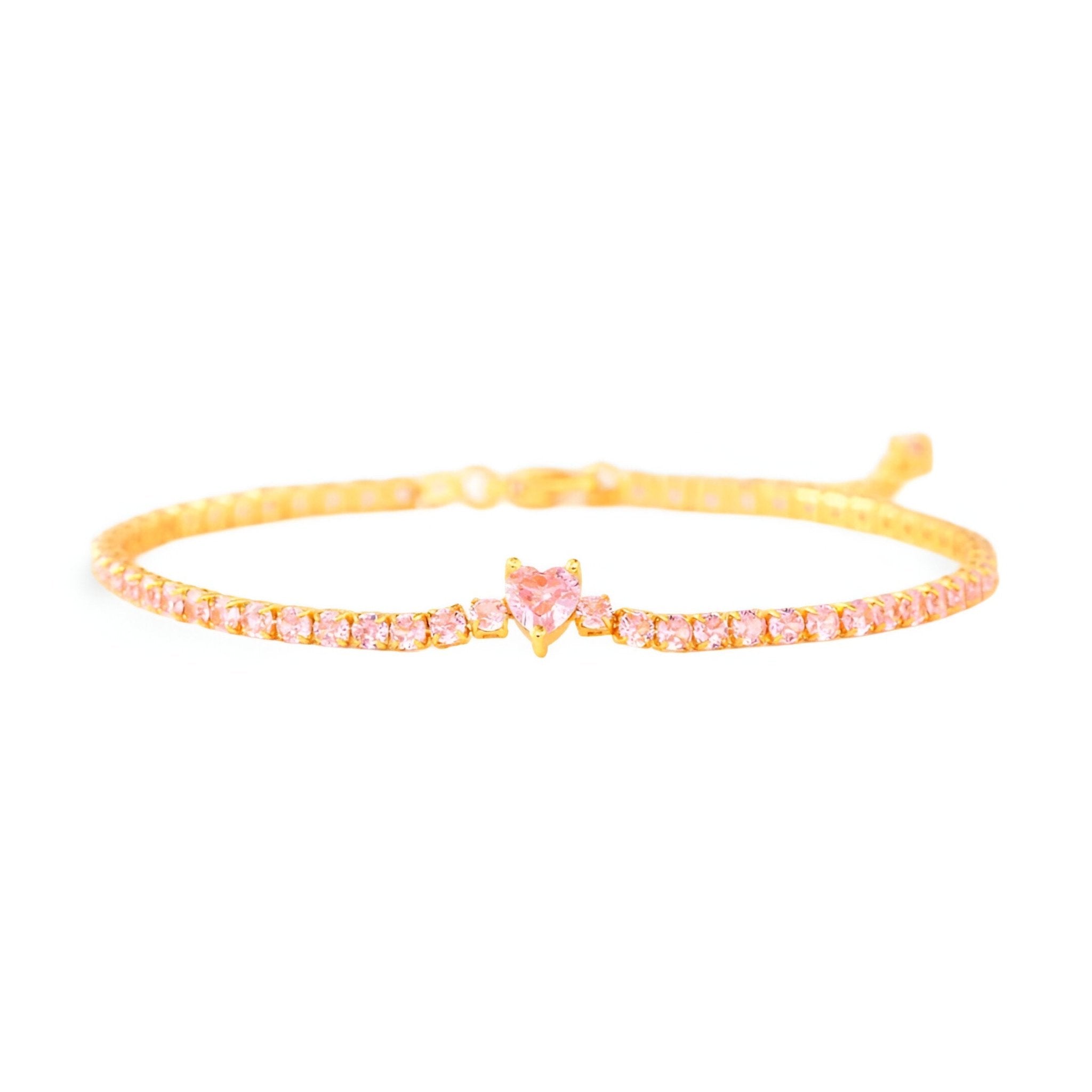 Bracelet fin en argent sterling doré avec cœur rosé serti de zirconiums scintillants.